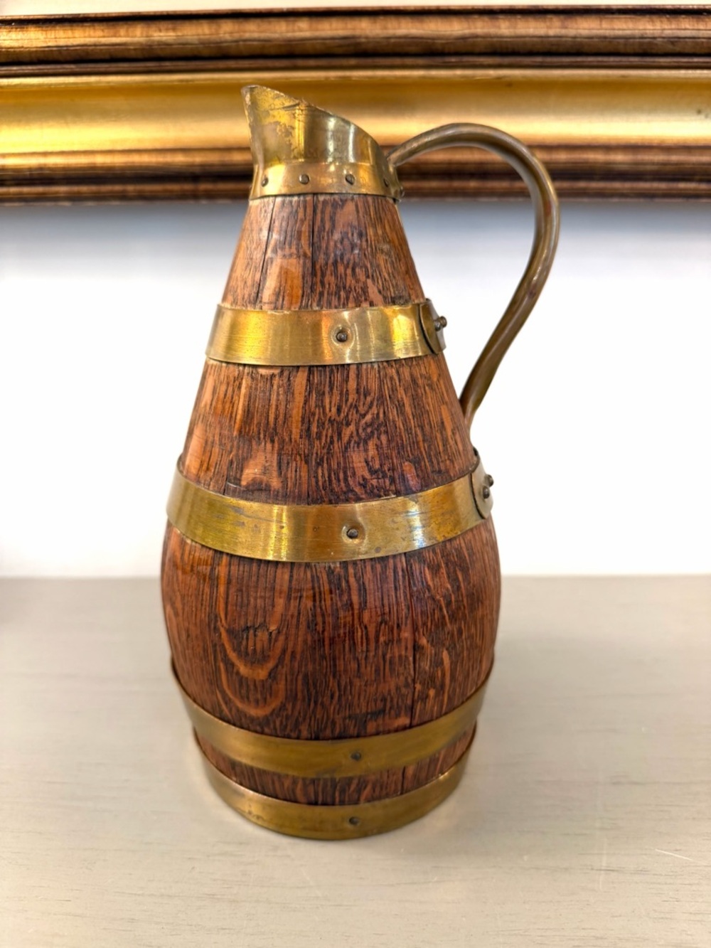 Antique Wood Pitcher Water Cider Wine Barrel Brass Accents Handle Pour Spout